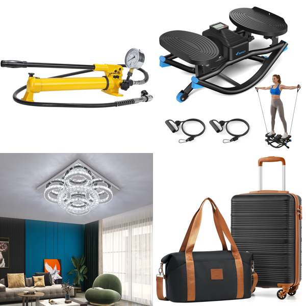 Source photograph for Pallet – Mixed Home Goods – Tower Fans, Chandeliers, Steppers, Suitcases, Electric Scrubbers