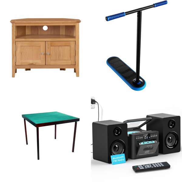 Source photograph for Pallet – Mixed Home & Leisure Goods – Furniture, Card Table, Stereo System, Stunt Scooters, Swimwear
