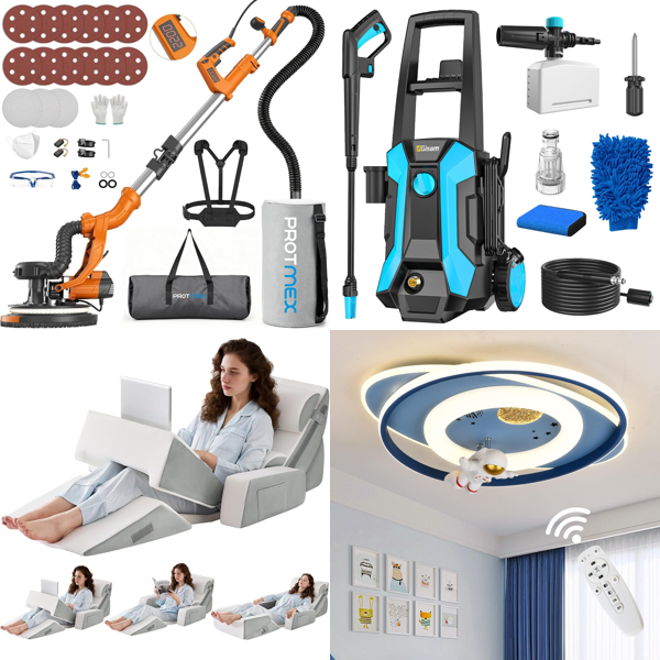 Source photograph for Pallet – Mixed Equipment – Drywall Sanders, Pressure Washers, Fans, Garden Carts