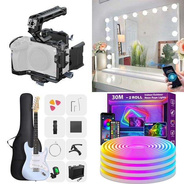 Source photograph for Pallet – Electronics & Accessories – Camera Cages, Electric Guitars, LED Lights, Mirrors, Scales, Shoes