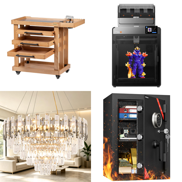 Source photograph for Pallet – Mixed Equipment – 3D Printers, Safes, Storage Carts, Crystal Chandelier