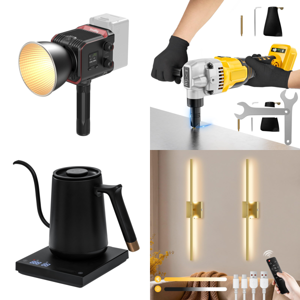 Source photograph for Pallet – Mixed Electronics & Tools – Video Lights, Electric Saws, Metal Detectors, Lighting