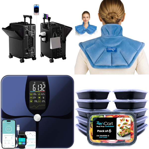 Source photograph for Pallet – Travel & Household Items – Suitcase, Smart Scale, Heated Neck Wrap, Meal Prep Containers