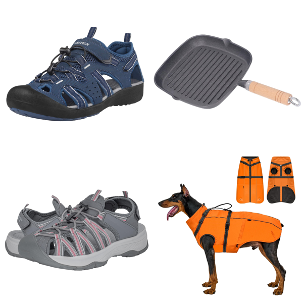 Source photograph for Pallet – Outdoor & Home Equipment – Sandals, Pans, Bags, Coffee Machine, Carriers, Curtains