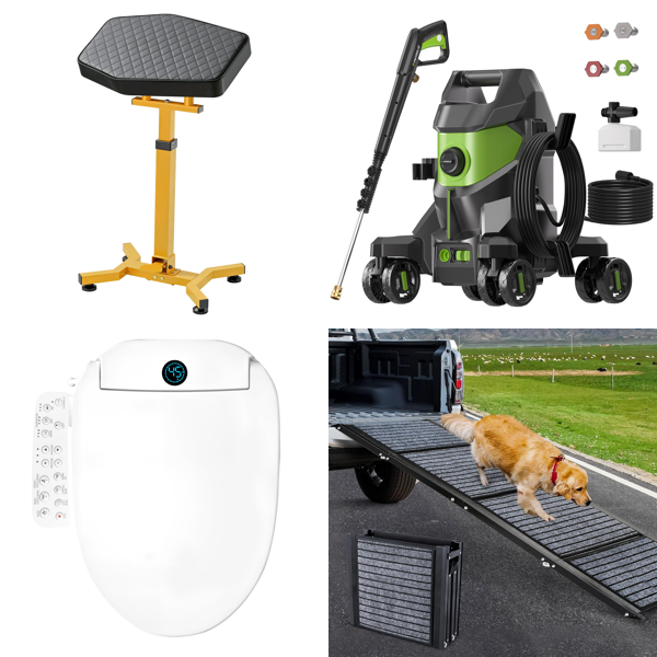 Source photograph for Pallet – Mixed Goods – Hydraulic Armrest, Bidet Toilet Seat, Pressure Washer, Tower Fan, Folding Wagons