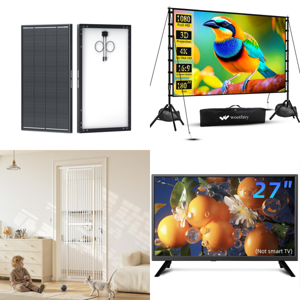 Source photograph for Pallet – Mixed Home & Outdoor Products – Solar Panel, Television, Projector Screen, Garden Fence, Mini Fridge