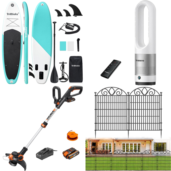 Source photograph for Pallet – Mixed Garden & Home Equipment – Inflatable Paddleboard, Grass Trimmer, Tower Fan, Digital Piano, Projector Screen