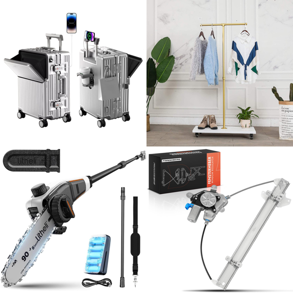 Source photograph for Pallet – Mixed Goods – Suitcase, Cordless Pole Saw, Garment Rack, Window Regulator, Wall Panels