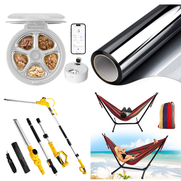 Source photograph for Pallet – Mixed Home Goods – Automatic Feeders, Hedge Trimmers, Window Films, Hammocks, Lamps, Clothes Rails, Area Rugs