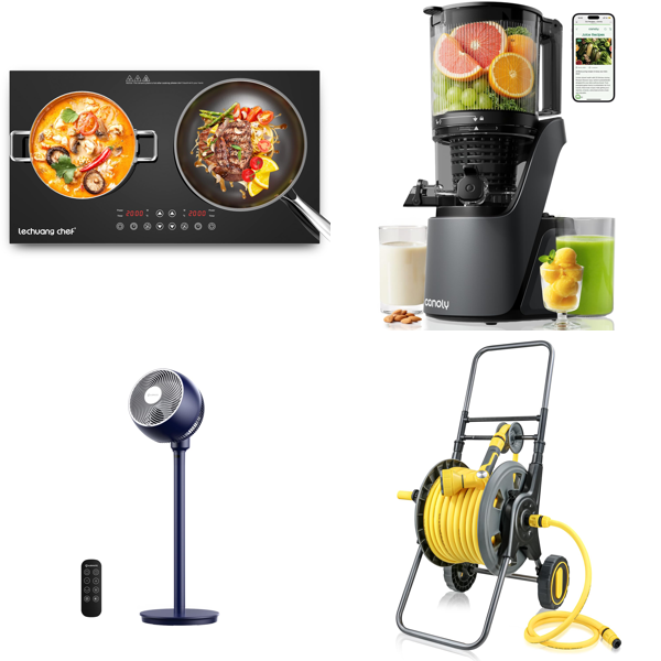 Source photograph for Pallet – Home Goods – Induction Hob, Pedestal Fan, Juicer, Garden Hose Reel, Dog Beds
