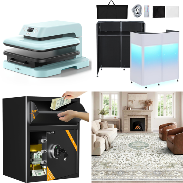 Source photograph for Pallet – Mixed Equipment – Heat Press, Safe, DJ Booth, Garden Hose, Gazebo, Area Rug