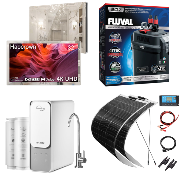 Source photograph for Pallet – Mixed Technical & Home Goods – Bathroom TVs, Water Filters, Solar Panels, Lighting, Mirrors