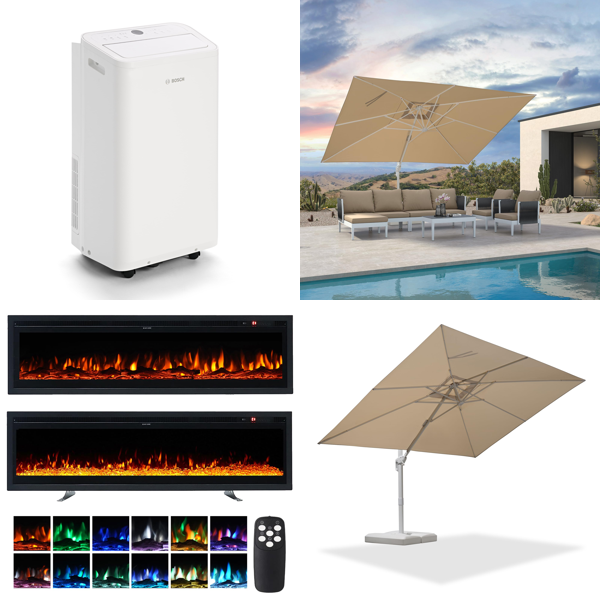 Source photograph for Pallet – Climate, Heating & Garden – Portable Air Conditioner, Electric Fireplace, Patio Parasols, Garden Fence