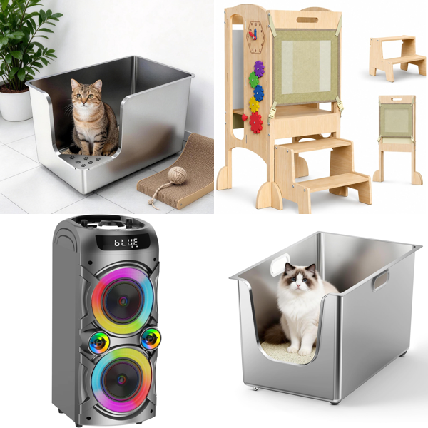 Source photograph for Pallet – Mixed Home Goods – Cat Litter Trays, Bluetooth Speaker, Toddler Tower, Shower Chairs