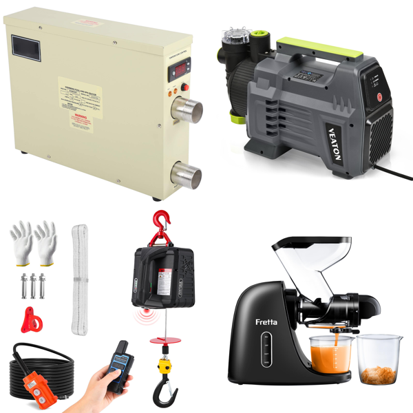 Source photograph for Pallet – Home & Technical Appliances – Pool Heater, Electric Hoist, Espresso Machine, Garden Pump