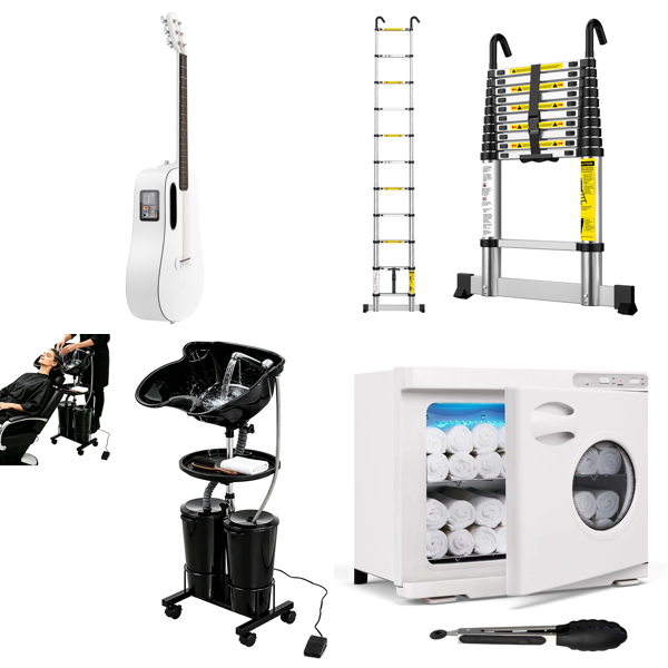 Source photograph for Pallet – Mixed Goods – Electro-Acoustic Guitar, Hair Washing Basins, Telescopic Ladders, Towel Warmer