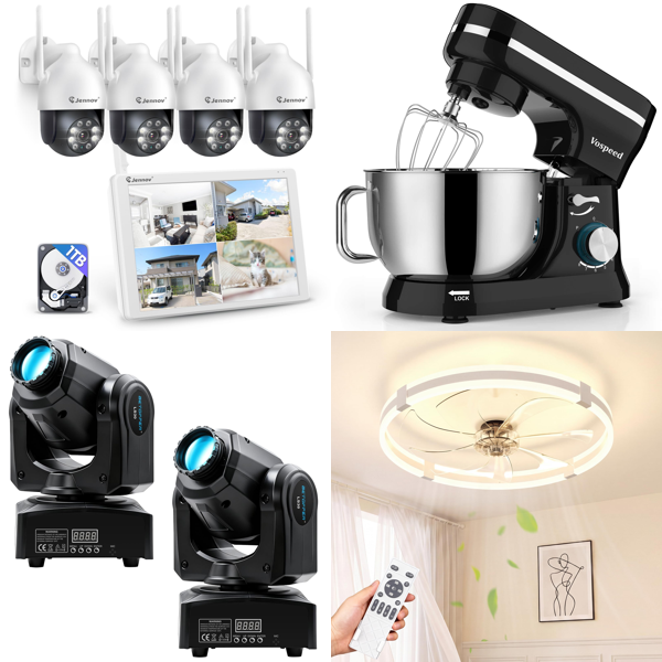 Source photograph for Pallet – Mixed Electronics & Equipment – CCTV Cameras, Stage Lights, Kitchen Mixers, Ceiling Fans, Paper Shredders