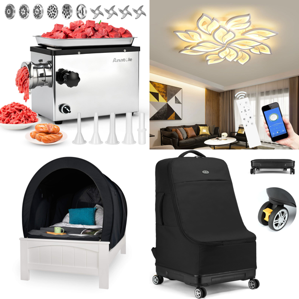 Source photograph for Pallet – Mixed Home, Furniture & Camping Goods – Meat Grinders, Ceiling Lights, Rugs, Kitchen Bins, Furniture Legs