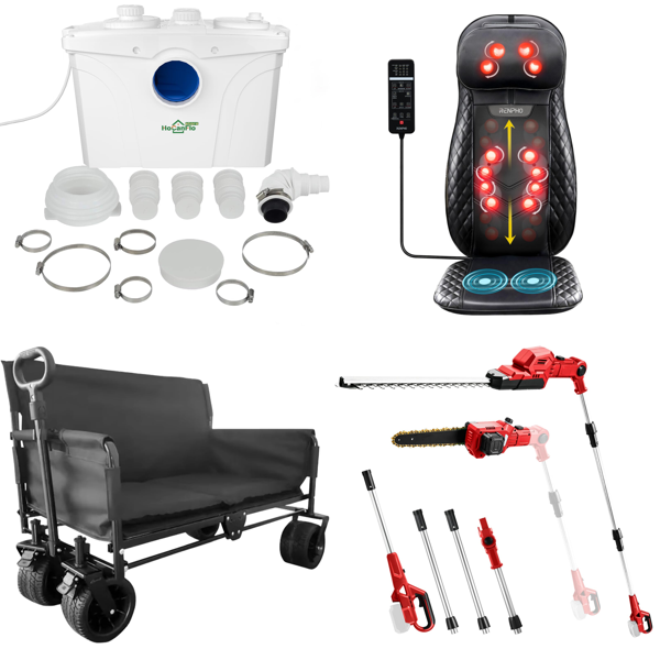 Source photograph for Pallet – Mixed Household Goods – Pumps, Utility Carts, Massagers, Garden Tools, Steam Cleaners, Kitchen Appliances