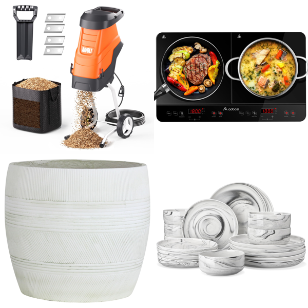 Source photograph for Pallet – Mixed Home & Garden Goods – Garden Shredder, Planter, Induction Hob, Dinnerware Sets, Fire Pit, Suitcase