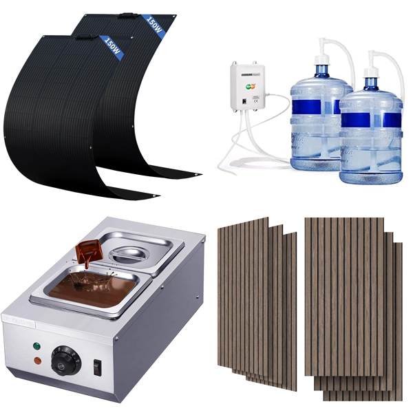 Source photograph for Pallet – Mixed Equipment – Solar Panels, Chocolate Tempering Machines, Water Pumps, Acoustic Panels, Garden Strimmers