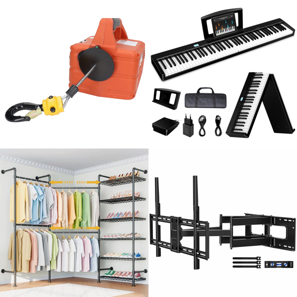 Source photograph for Pallet – Mixed Goods – Electric Winches, TV Wall Brackets, Garden Fences, Keyboards