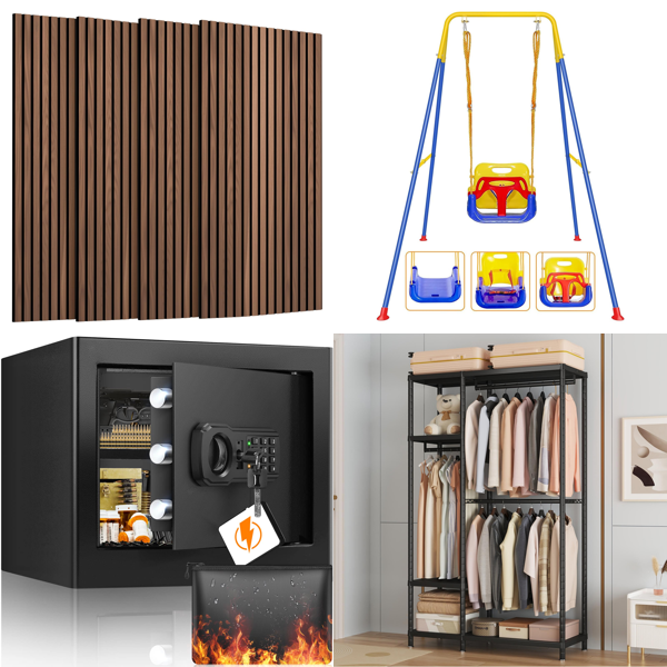 Source photograph for Pallet – Mixed Goods – Acoustic Panels, Home Safes, Children's Swings, Clothes Rails, Power Tools