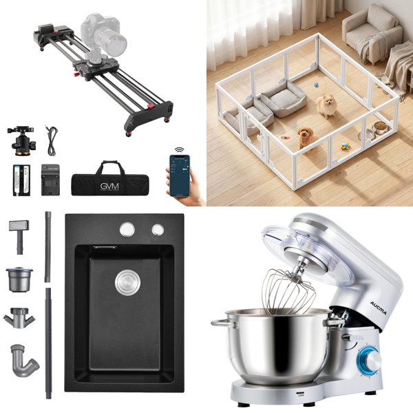 Source photograph for Pallet – Mixed Household Goods – Camera Slider, Kitchen Sink, Dog Pens, Stand Mixer, Toddler Slide