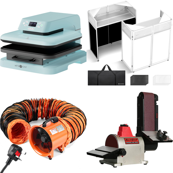 Source photograph for Pallet – Workshop & Home – Heat Press, Belt Sander, Ventilation Fan, DJ Table, Gazebo