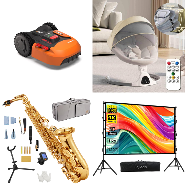 Source photograph for Pallet – Mixed Goods – Robot Lawn Mower, Alto Saxophone, Baby Swing, Projector Screens
