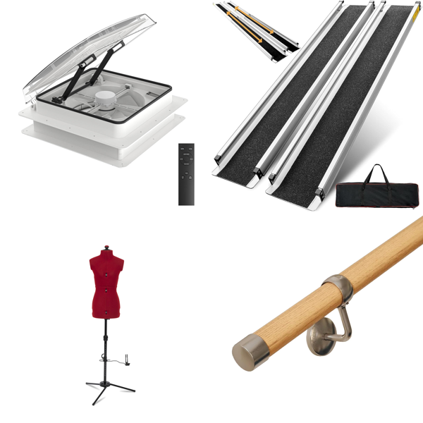 Source photograph for Pallet – Mixed Goods – Roof Vent Fan, Wheelchair Ramp, Robot Vacuum, Dress Form, Clothes Airer