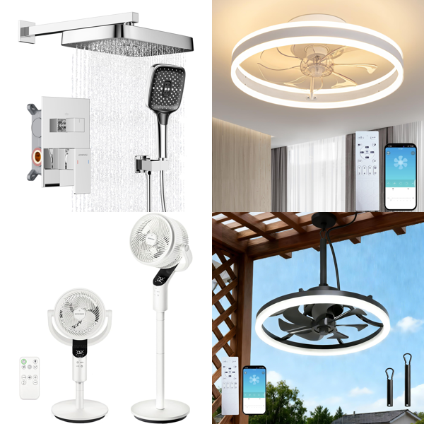 Source photograph for Pallet – Fans, Showers, Apparel – LED Ceiling Fans, Shower Sets, Standing Fans, Men's Sweatpants, Women's T-Shirts