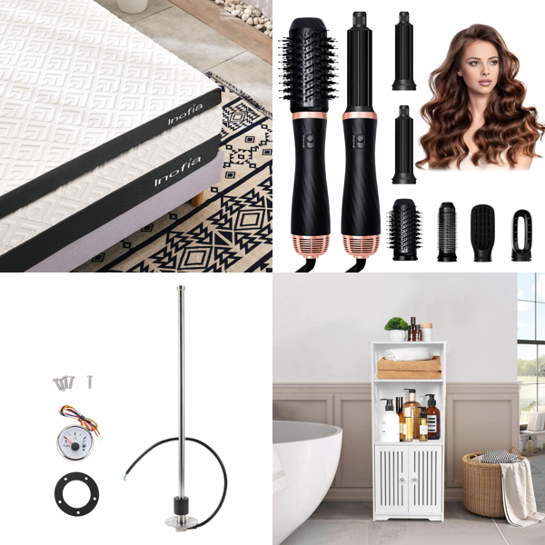 Source photograph for Pallet – Mixed Goods – Mattress Toppers, Hair Stylers, LED Lighting, Bathroom Cabinets, Decorative Pillows, Model Figures