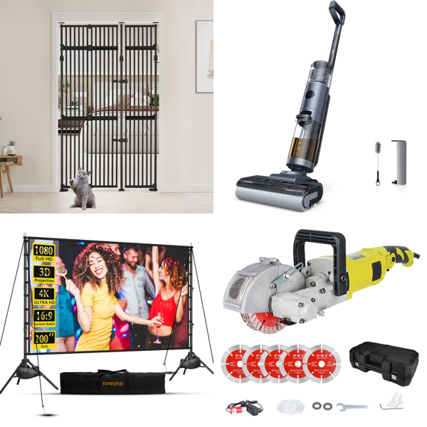 Source photograph for Pallet – Mixed Tools and Equipment – Pet Gate, Projector Screen, Vacuum Cleaner, Grass Trimmer
