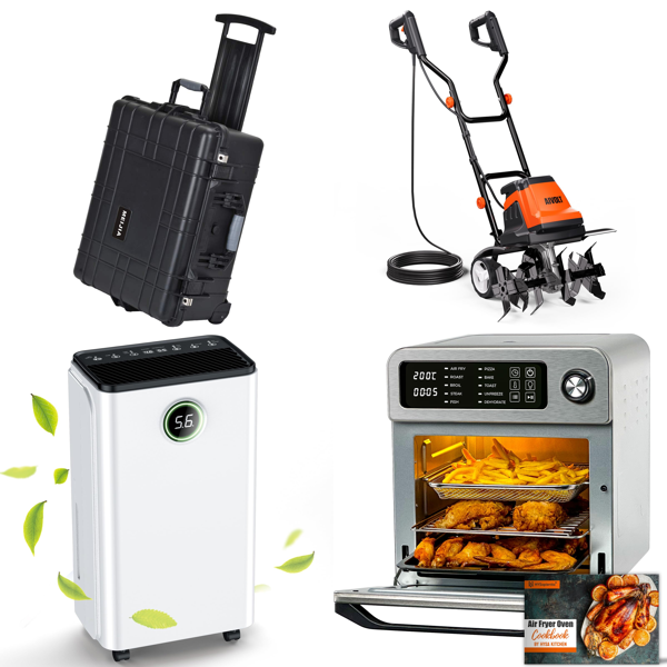 Source photograph for Pallet – Mixed Home & Garden – Camera Cases, Dehumidifiers, Tillers, Air Fryers, Hedge Trimmers, Fans