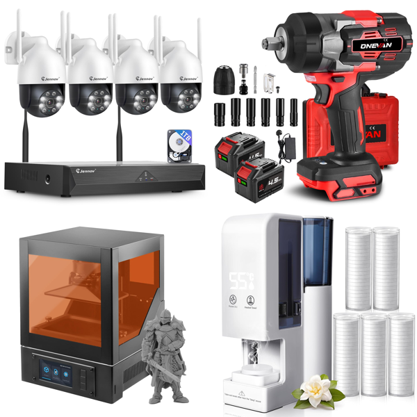 Source photograph for Pallet – Mixed Technology & Household Equipment – Security Cameras, 3D Printers, Impact Wrenches, Steam Cleaners