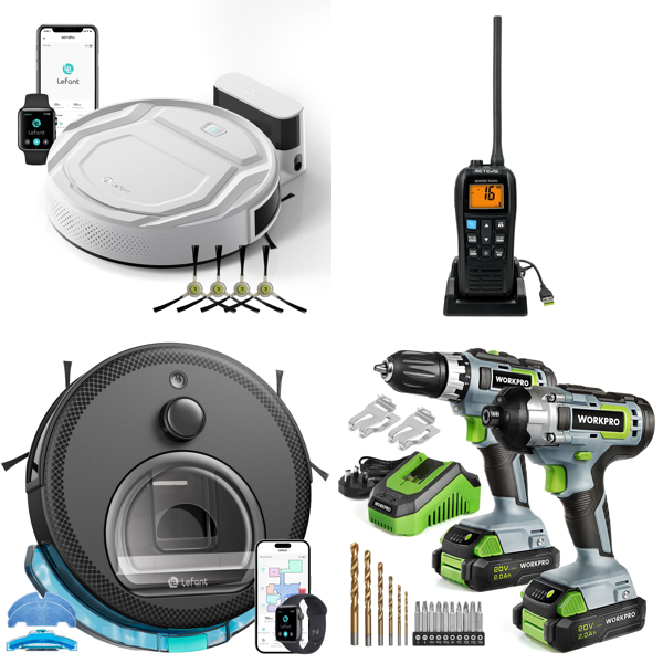 Source photograph for Pallet – Mixed Equipment – Robot Vacuums, Radios, Drills, Microphones, Staplers, Pruning Shears