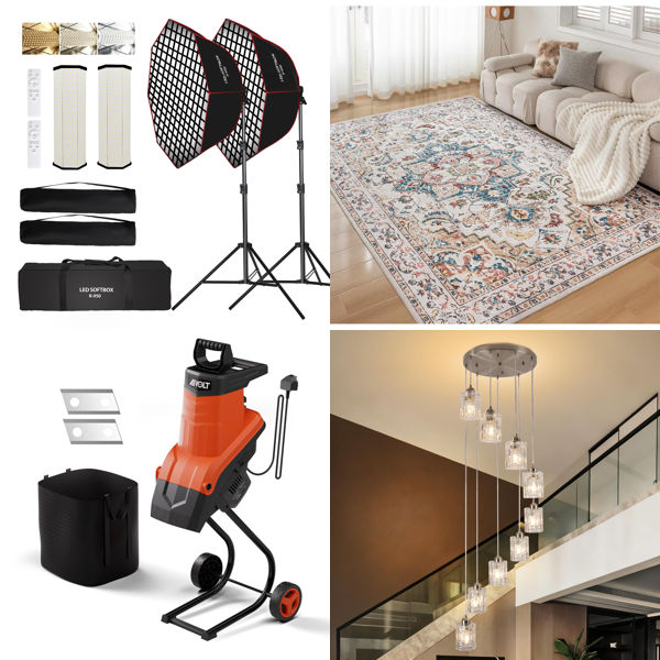 Source photograph for Pallet – Mixed Goods – Garden Shredder, Lighting Fixtures, Rugs, Walkie-Talkies, Measuring Tools
