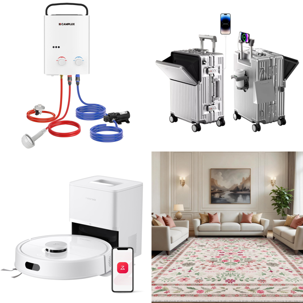 Source photograph for Pallet – Mixed Goods – Gas Water Heater, Robot Vacuum, Suitcases, Rug, Ceiling Fan