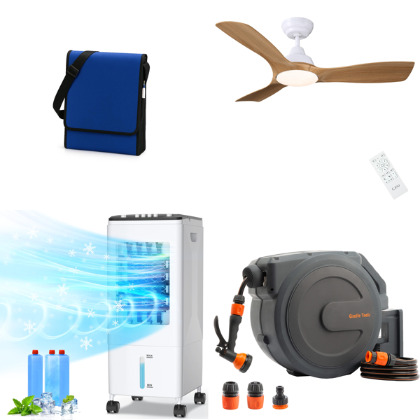 Source photograph for Pallet – Mixed Goods – Ceiling Fans, Air Cooler, Garden Hose, Concrete Vibrator, Shower Chair, Swimming Pool