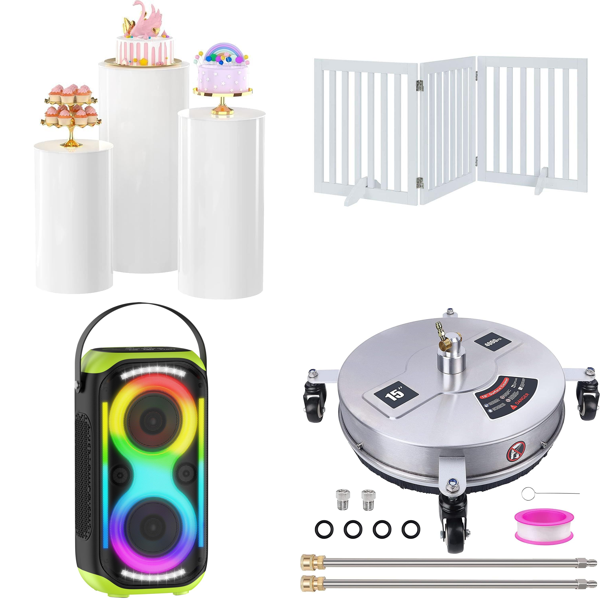 Source photograph for Pallet – Mixed Home Goods – Display Stands, Bluetooth Speaker, Pet Gates, Pressure Washer