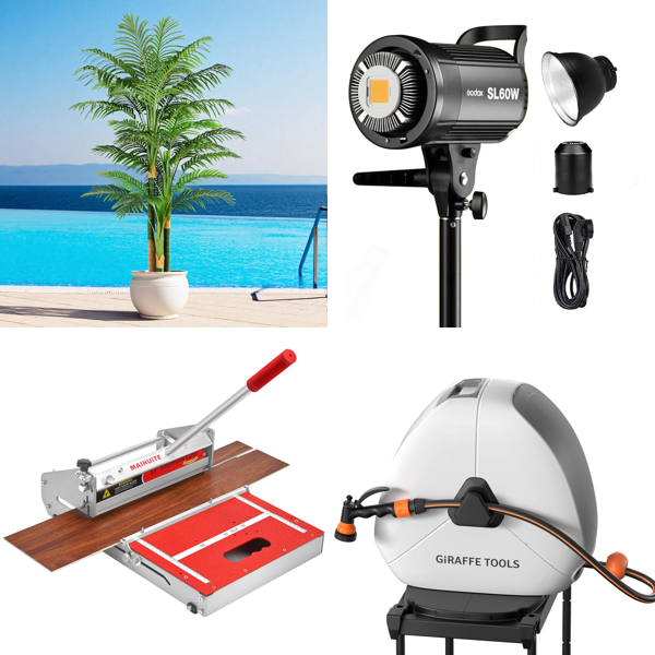 Source photograph for Pallet – Mixed Goods – Artificial Palm, Floor Cutter, LED Lighting, Garden Hose, Kids' Slide