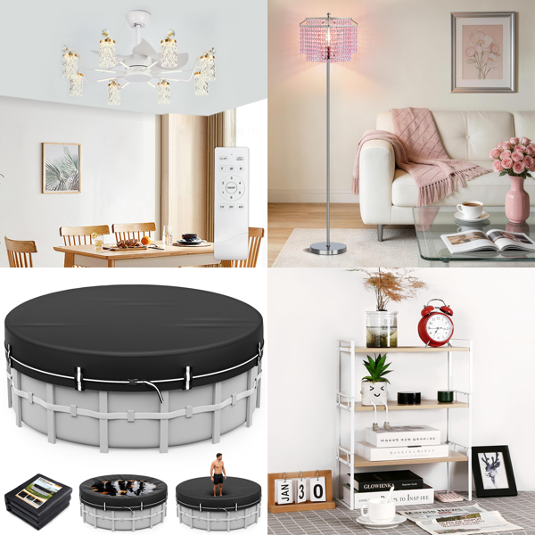 Source photograph for Pallet – Mixed Goods – Ceiling Fan Light, Floor Lamp, Pool Cover, Sofa Covers, Backpack