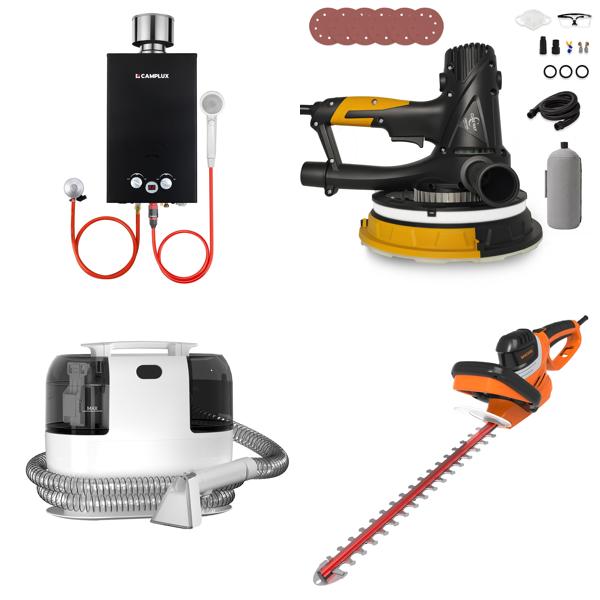 Source photograph for Pallet – Mixed Goods – Gas Water Heaters, Carpet Cleaners, Sanders, Hedge Trimmers, Children's Slides