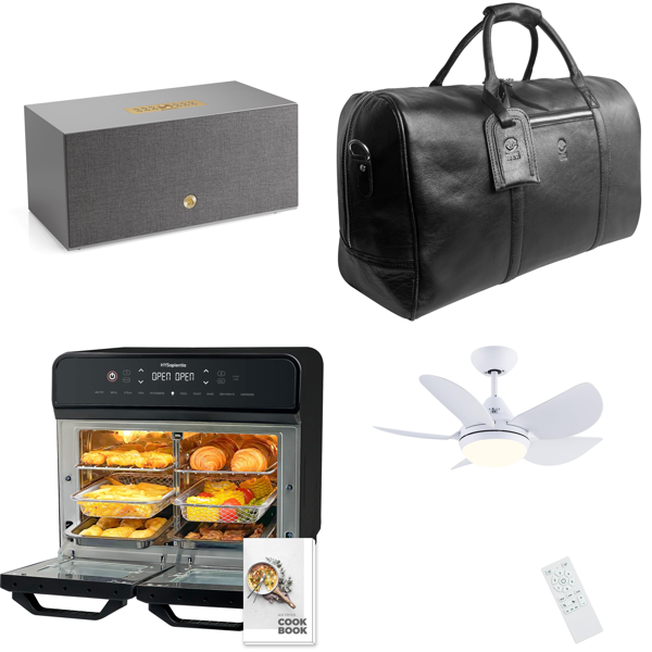 Source photograph for Pallet – Mixed Home Goods – Speakers, Air Fryers, Travel Bags, Ceiling Fans, Water Distillers