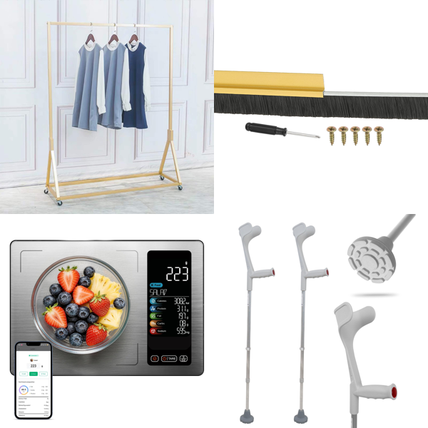 Source photograph for Pallet – Mixed Household Goods – Garment Rack, Kitchen Scale, Door Brush, Elbow Crutches, Protective Chair Mat