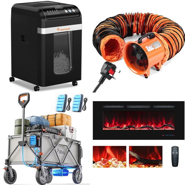Source photograph for Pallet – Mixed Goods – Paper Shredder, Electric Cart, Ventilation Fan, Fireplace, Garden Trolley