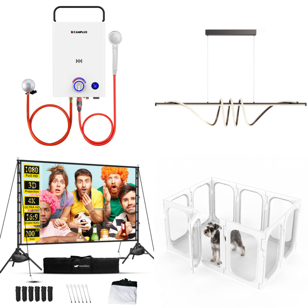 Source photograph for Pallet – Mixed Home & Outdoor Goods – Gas Water Heater, Projector Screen, Lighting, Baby Swing Chair