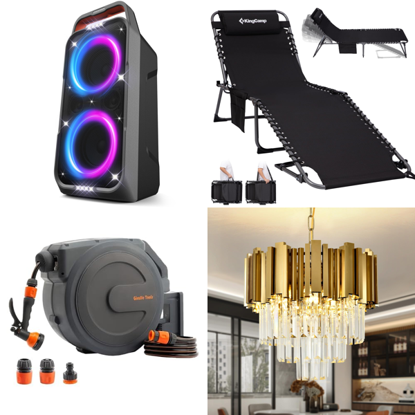 Source photograph for Pallet – Mixed Goods – Bluetooth Speaker, Garden Hose, Sun Lounger, Chandelier, Bread Maker, Dog Ramp, Work Table, Solar Panel, Throw Blanket, Mirror