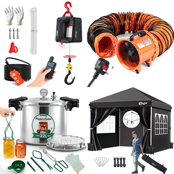 Source photograph for Pallet – Mixed Goods – Electric Hoists, Pressure Canners, Ventilation Fans, Gazebos, Garden Arches
